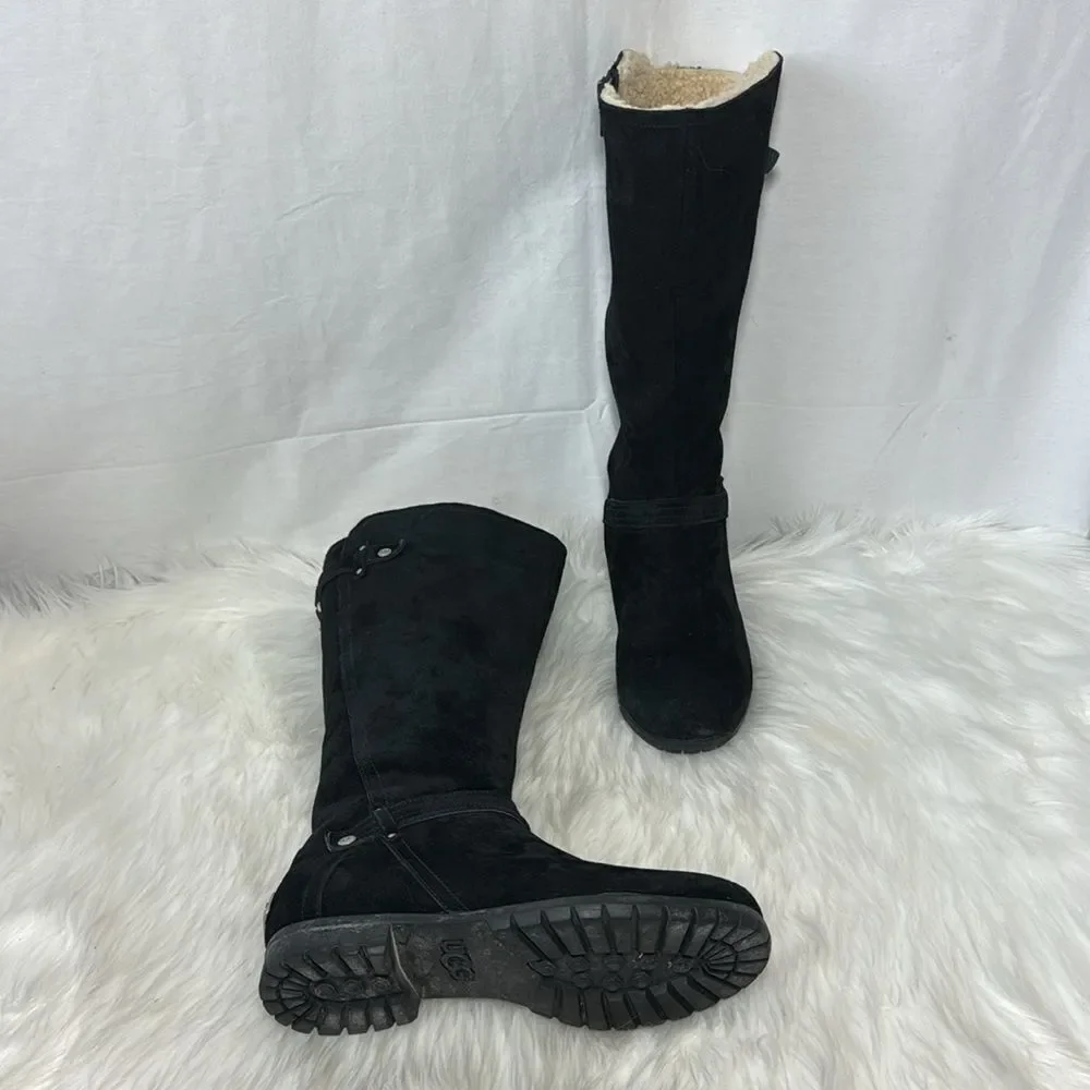 UGG Jillian Black Suede Leather Shearling Lined Riding Boots Sz‎ 6.5